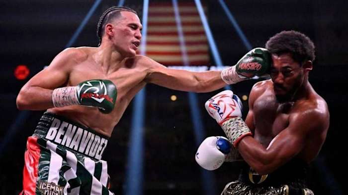 David Benavidez (L) fights Demetrius Andrade in a WBC super middleweight title fight at Michelob ULTRA Arena. Jose Benavidez Sr., discloses that Canelo Alvarez's team approached his promoter, and expressed interest in organizing a bout. DAVID BECKER/GETTY IMAGES.